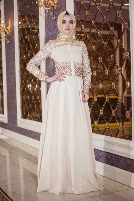 Evening Dresses - Ecru Hijab Dress 9022E