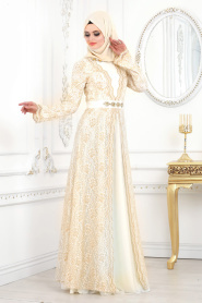 Evening Dresses - Ecru Hijab Evening Dress 2011E - Thumbnail