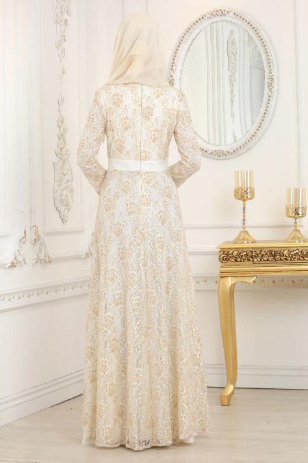 Evening Dresses - Ecru Hijab Evening Dress 2011E - 2