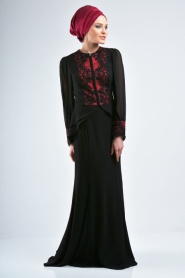 Evening Dresses - Fuchsia-Black Hijab Dress 9003FS - Thumbnail