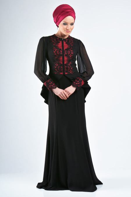 Evening Dresses - Fuchsia-Black Hijab Dress 9003FS