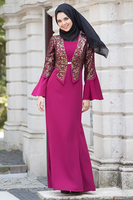 Evening Dresses - Fuchsia Hijab Dress 2124F