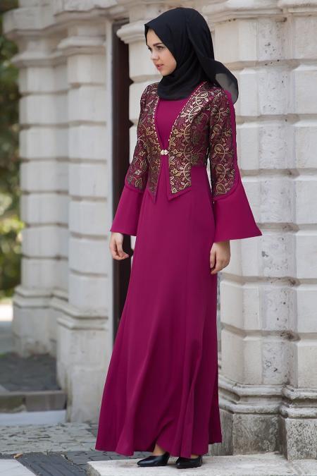 Evening Dresses - Fuchsia Hijab Dress 2124F - 2