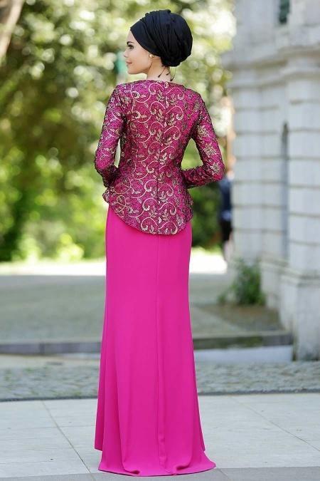 Evening Dresses - Fuchsia Hijab Dress 2125F - 4