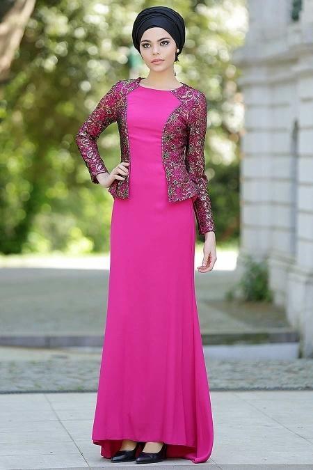 Evening Dresses - Fuchsia Hijab Dress 2125F - 3