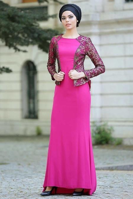 Evening Dresses - Fuchsia Hijab Dress 2125F - 2