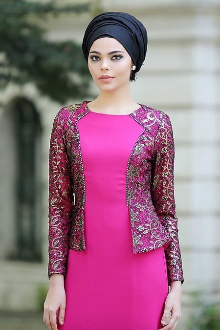 Evening Dresses - Fuchsia Hijab Dress 2125F