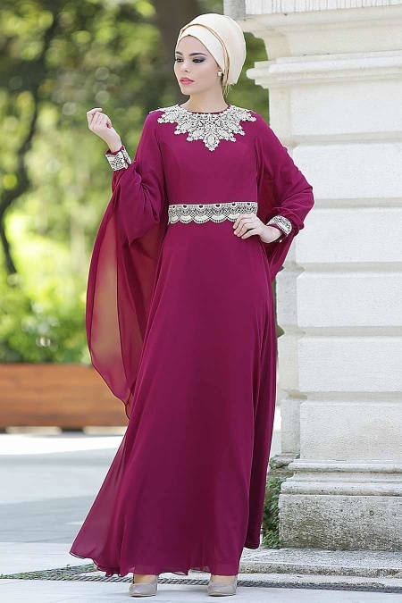 Evening Dresses - Fuchsia Hijab Dress 2133F