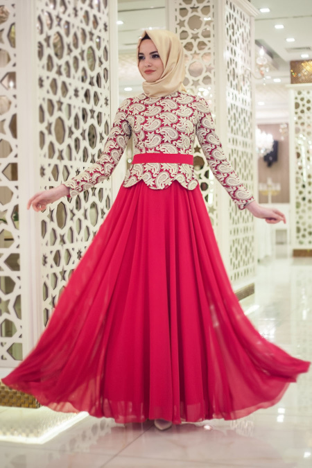 Evening Dresses - Fuchsia Hijab Dress 2152F