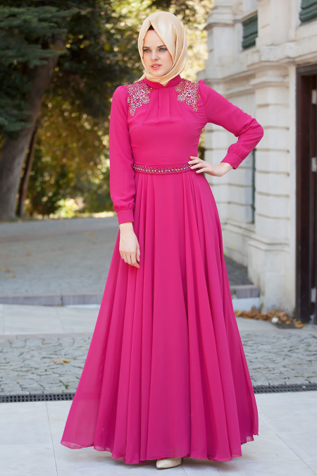 Evening Dresses - Fuchsia Hijab Dress 2156F