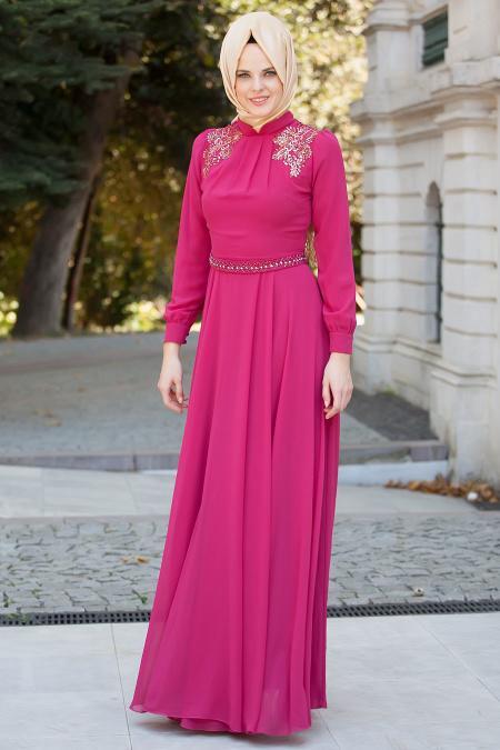 Evening Dresses - Fuchsia Hijab Dress 2156F - 2