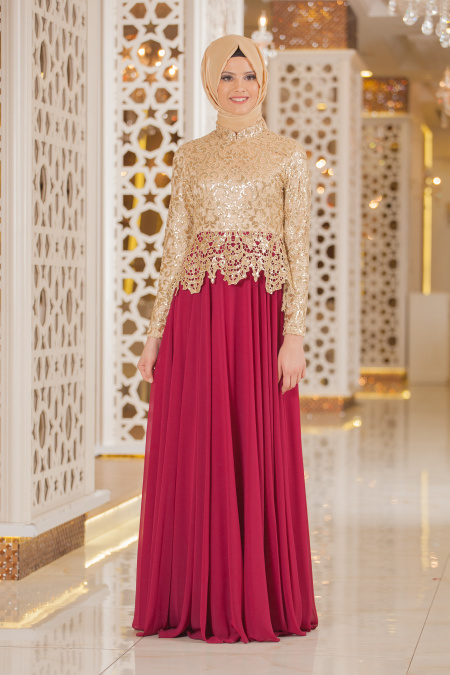 Evening Dresses - Fuchsia Hijab Dress 2162F