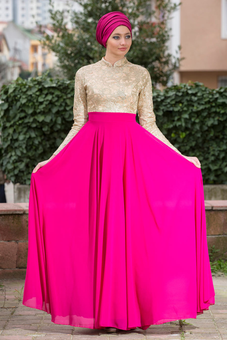 Evening Dresses - Fuchsia Hijab Dress 2189F