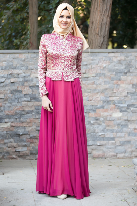Evening Dresses - Fuchsia Hijab Dress 2209F