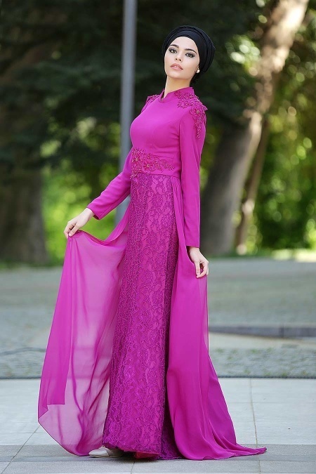 Evening Dresses - Fuchsia Hijab Dress 2222F