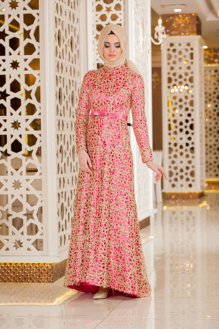 Evening Dresses - Fuchsia Hijab Dress 2226F