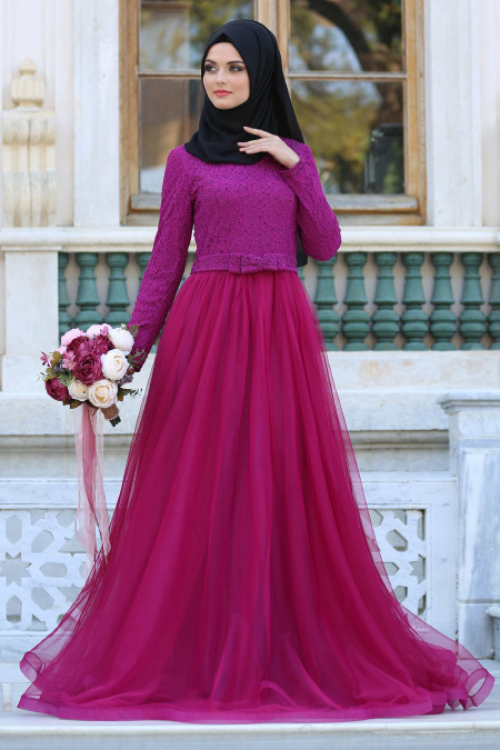 Evening Dresses - Fuchsia Hijab Dress 2299F