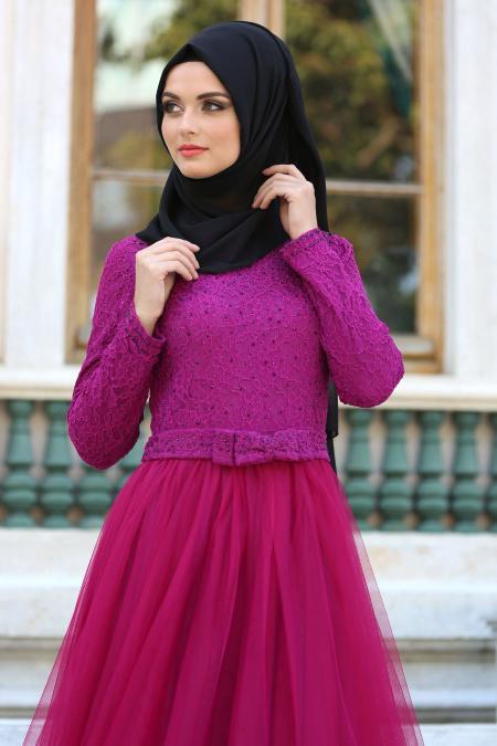 Evening Dresses - Fuchsia Hijab Dress 2299F - 2