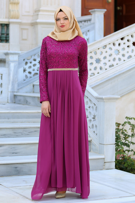 Evening Dresses - Fuchsia Hijab Dress 2799F