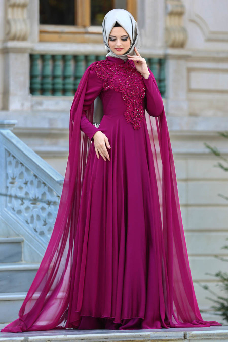 Evening Dresses - Fuchsia Hijab Dress 3566F