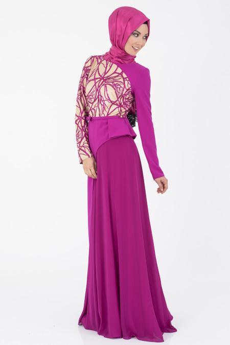 Evening Dresses - Fuchsia Hijab Dress 3923F - 2