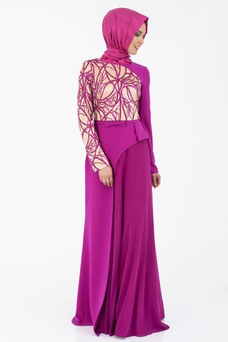 Evening Dresses - Fuchsia Hijab Dress 3923F - 3