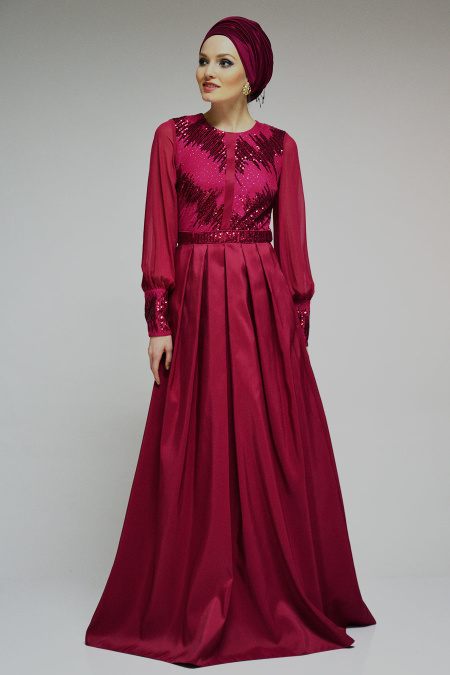 Evening Dresses - Fuchsia Hijab Dress 3955F