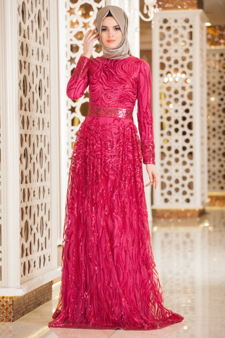 Evening Dresses - Fuchsia Hijab Dress 4036F