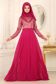 Evening Dresses - Fuchsia Hijab Dress 41981F - Thumbnail