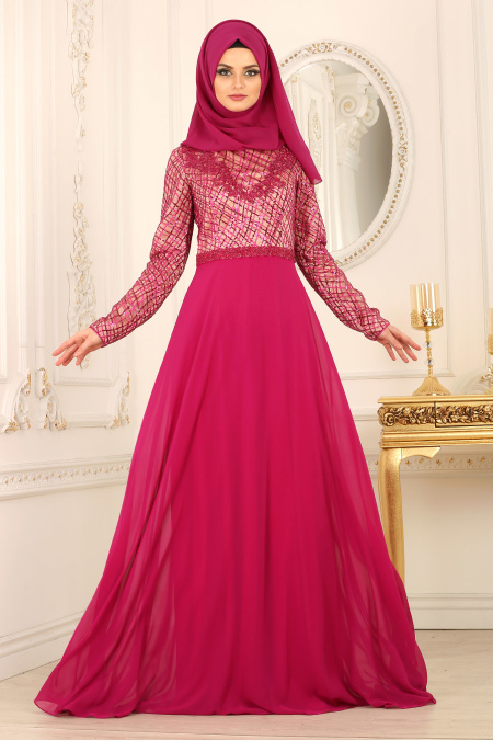Evening Dresses - Fuchsia Hijab Dress 41981F
