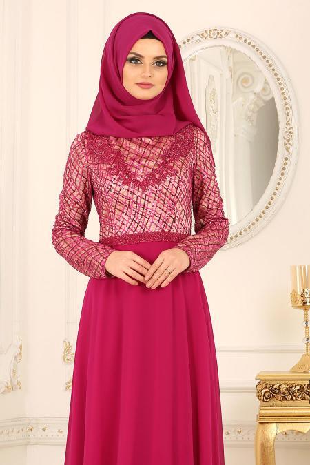 Evening Dresses - Fuchsia Hijab Dress 41981F - 2