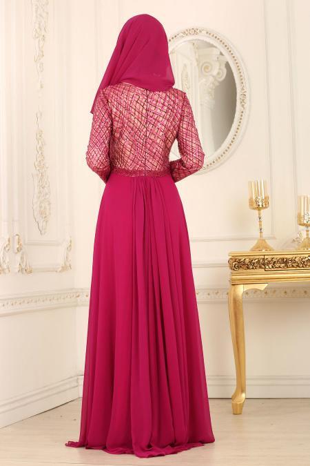Evening Dresses - Fuchsia Hijab Dress 41981F - 3