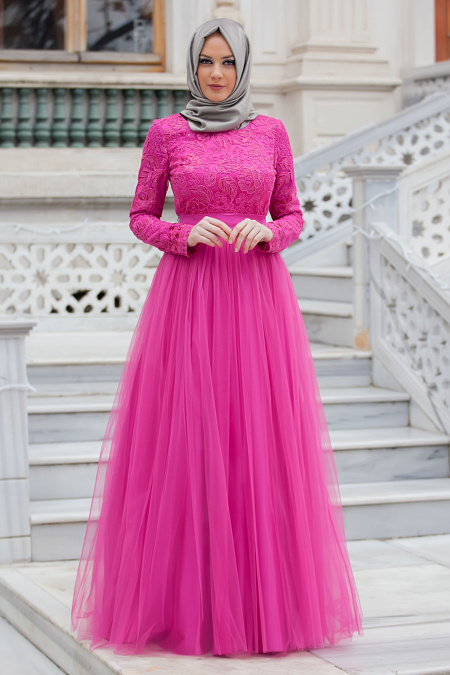 Evening Dresses - Fuchsia Hijab Dress 4283F