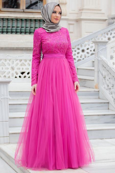 Evening Dresses - Fuchsia Hijab Dress 4283F - 2