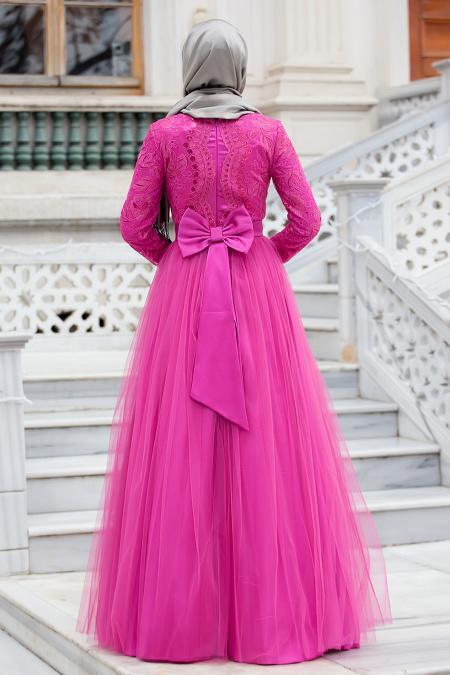 Evening Dresses - Fuchsia Hijab Dress 4283F - 4