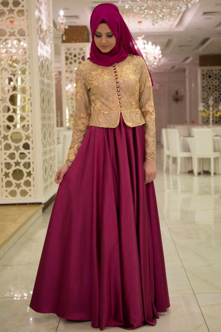 Evening Dresses - Fuchsia Hijab Dress 7367F