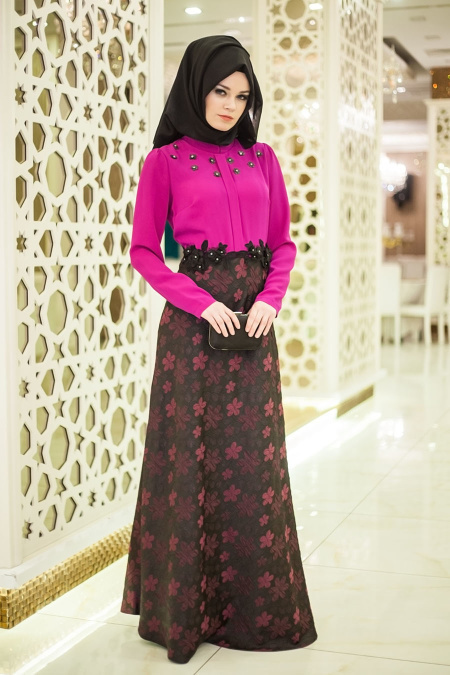 Evening Dresses - Fuchsia Hijab Dress 7397F
