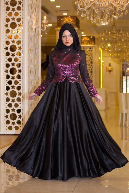 Evening Dresses - Fuchsia Hijab Dress 7405F