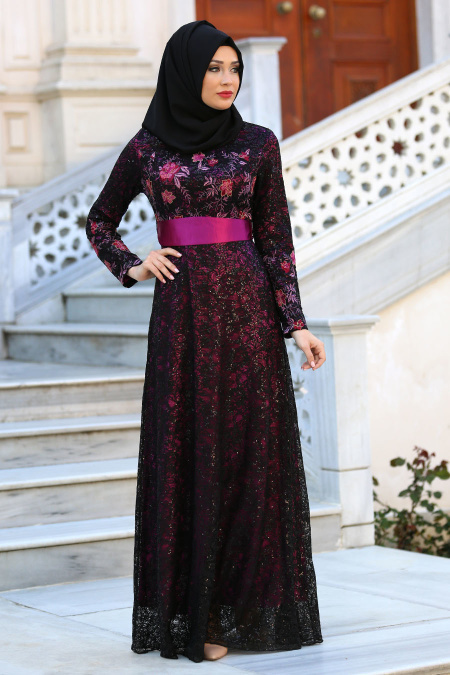 Evening Dresses - Fuchsia Hijab Dress 7487F