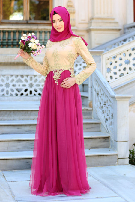 Evening Dresses - Fuchsia Hijab Dress 7496F
