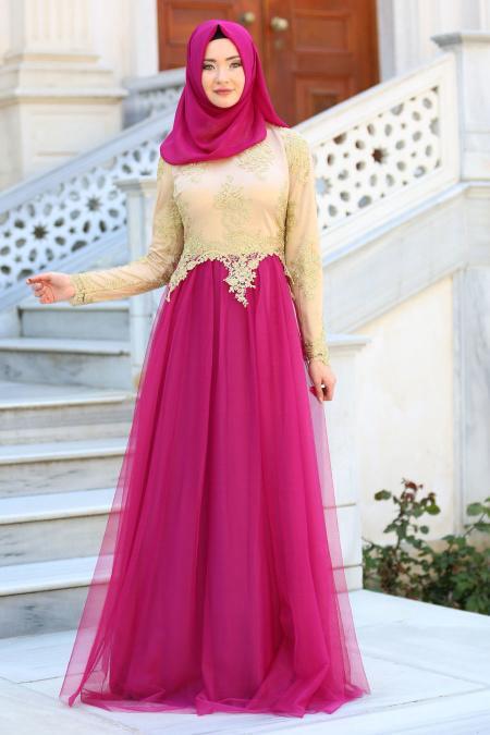 Evening Dresses - Fuchsia Hijab Dress 7496F - 2