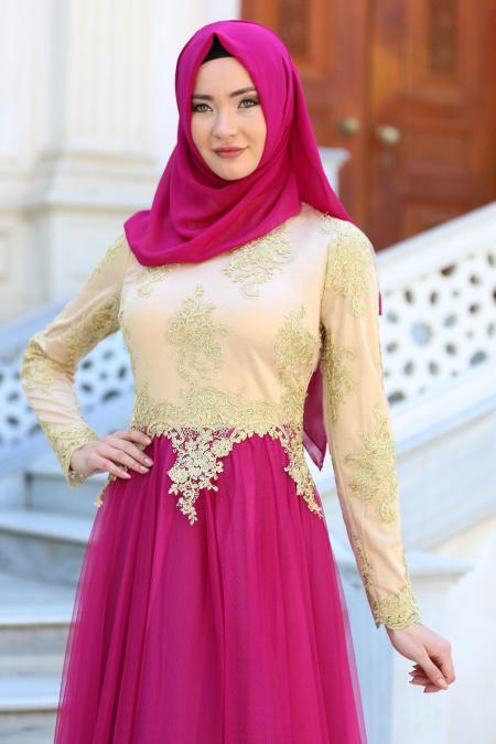 Evening Dresses - Fuchsia Hijab Dress 7496F - 3