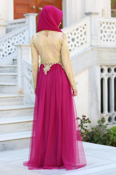 Evening Dresses - Fuchsia Hijab Dress 7496F - 4