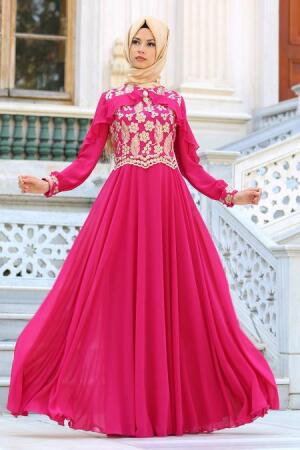 Evening Dresses - Fuchsia Hijab Dress 7498F - 1