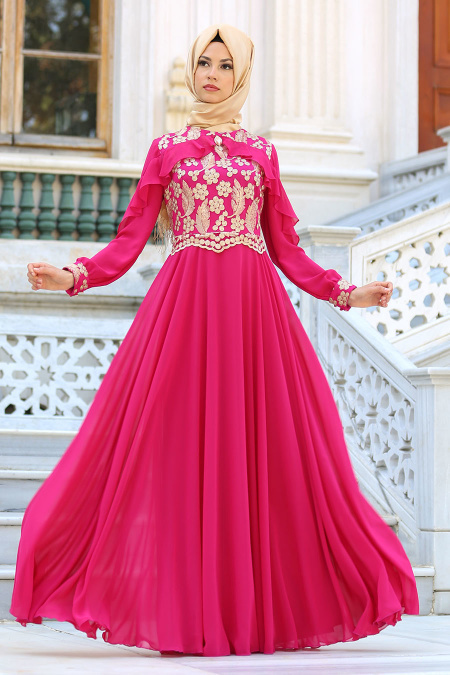 Evening Dresses - Fuchsia Hijab Dress 7498F