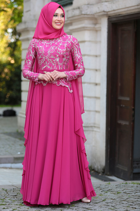 Evening Dresses - Fuchsia Hijab Dress 7556F