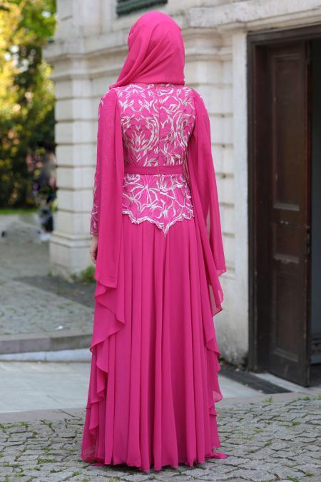 Evening Dresses - Fuchsia Hijab Dress 7556F - 3