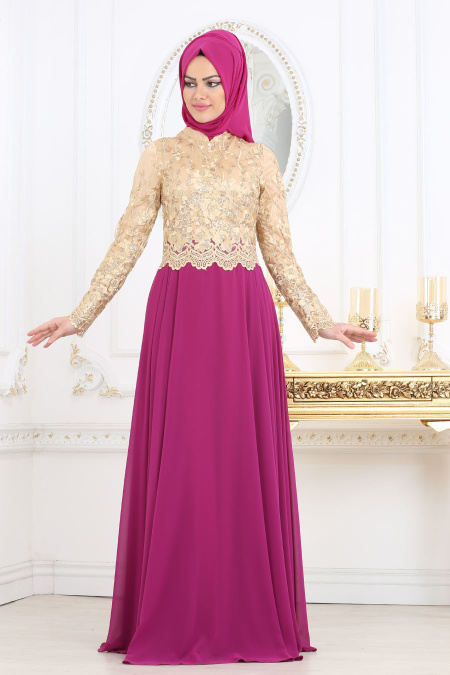 Evening Dresses - Fuchsia Hijab Dress 7565F