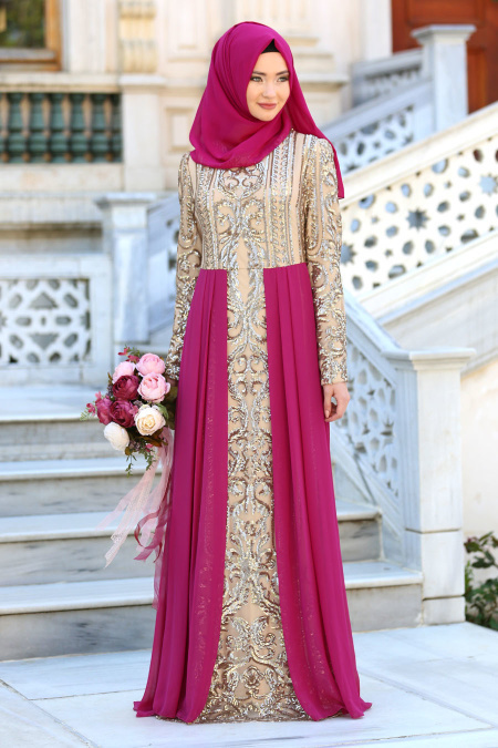 Evening Dresses - Fuchsia Hijab Dress 7567F