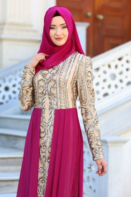 Evening Dresses - Fuchsia Hijab Dress 7567F - 2